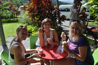 Krista, Gabby, and Danielle enjoying their natural fruit ice cream
